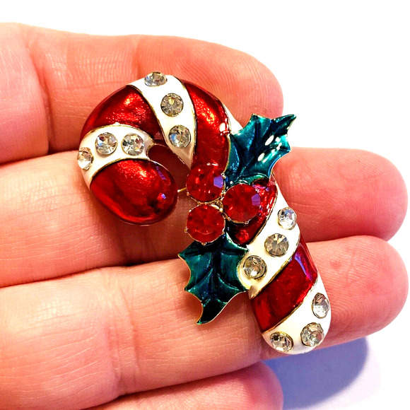 Christmas Brooch Pendant Red & White Enamel Candy Cane & Rhinestones Novelty Pin - Picture 6 of 6